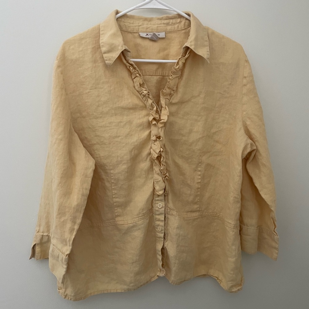 JM Collection 100% Linen Yellow 3/4th Sleeve Ruffle Button Down Size 18